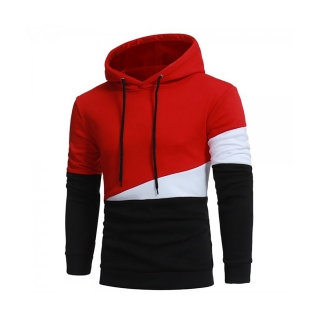 drawstring color block panel fleece pullover hoodie red